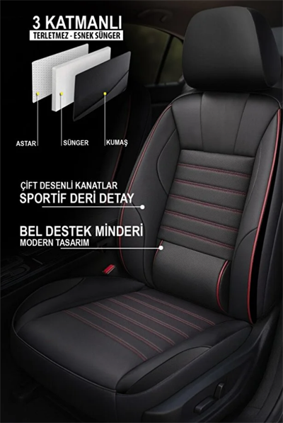 Siyah Kırmızı Deri Oto Koltuk Kılıfı - Bel Destekli -  5 Koltuk Tam Set