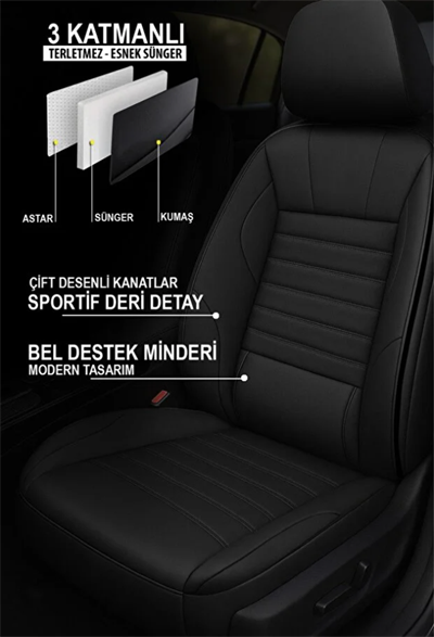 Siyah Renk Deri Oto Koltuk Kılıfı - Bel Destekli -  5 Koltuk Tam Set