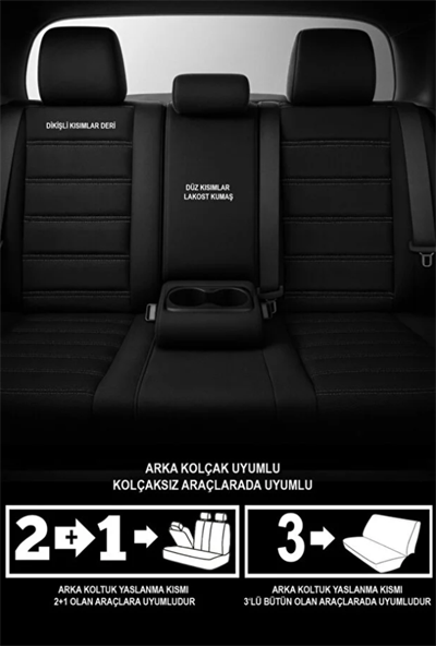 Siyah Renk Deri Oto Koltuk Kılıfı - Bel Destekli -  5 Koltuk Tam Set