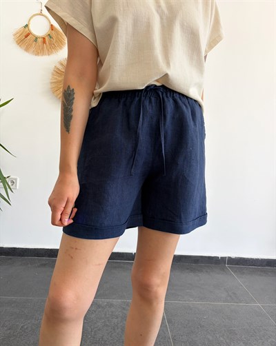 %100 Keten Denim Şort