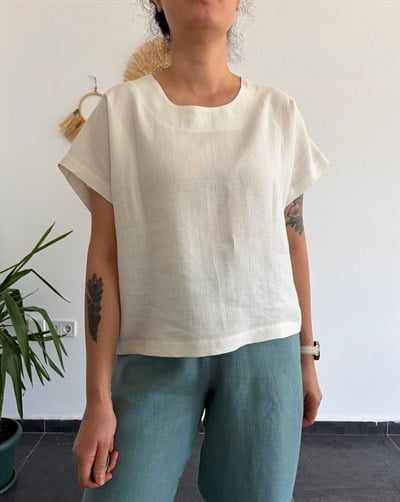 %100 Keten Ekru Oversize Bluz