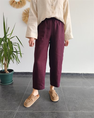 %100 Keten Koyu Mürdüm Pantolon