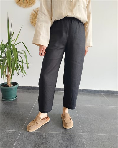 %100 Keten Siyah Pantolon