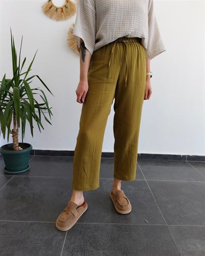 Müslin Yağ Yeşili Pantolon