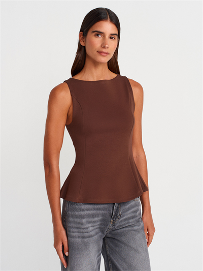 Kayık Yaka Peplum Top - Açık Kahve