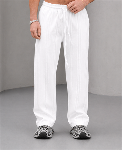 Beyaz Nakışlı Baggy Keten Pantolon