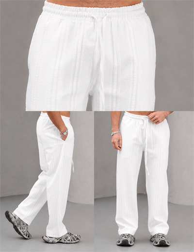 Beyaz Nakışlı Baggy Keten Pantolon