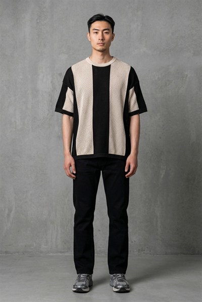 Bisiklet Yaka Oversize Desenli Triko T-shirt