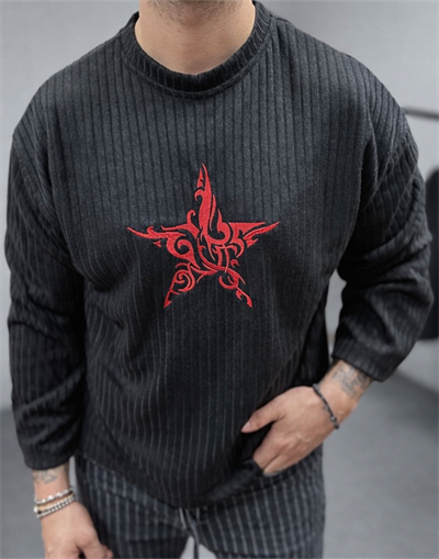 Bisiklet Yaka Uzun Kollu Baskılı Boxy Kalıp Siyah T-shirt