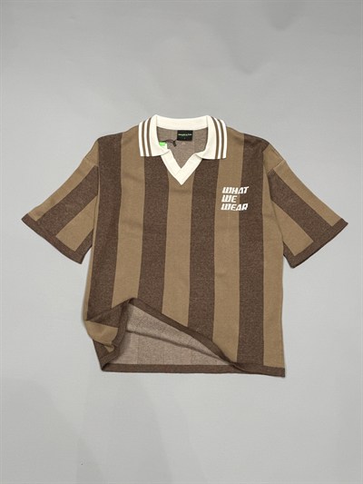 Kahverengi Dikey Çizgili Oversize Polo Yaka Triko