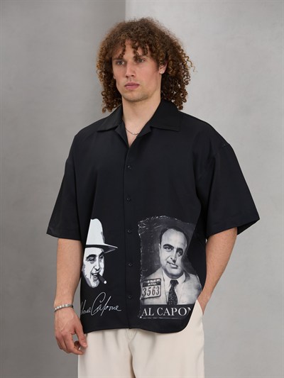 Kısa Kollu Oversize Baskılı AlCapane Desenli Gömlek