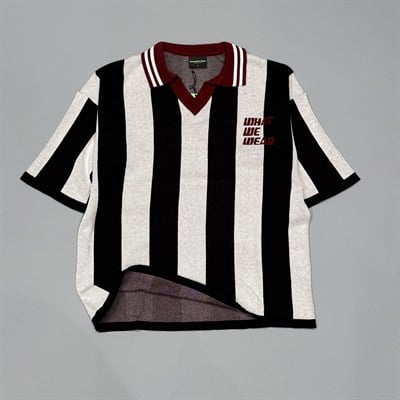 Siyah Dikey Çizgili Oversize Polo Yaka Triko