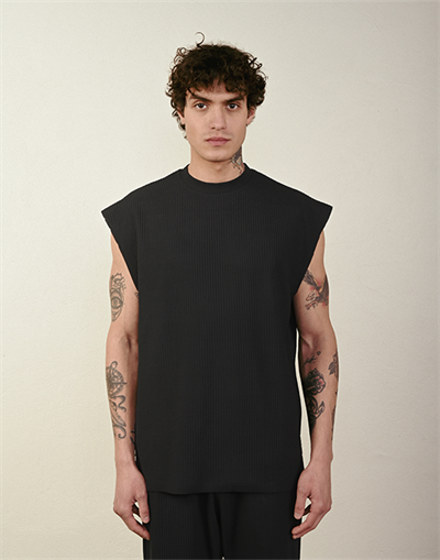 Oversize Fitilli Kolsuz T-Shirt Siyah