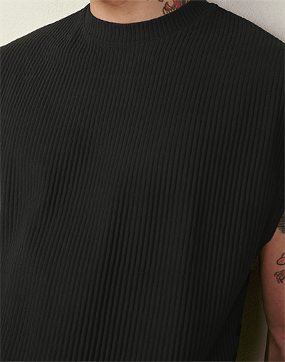 Oversize Fitilli Kolsuz T-Shirt Siyah