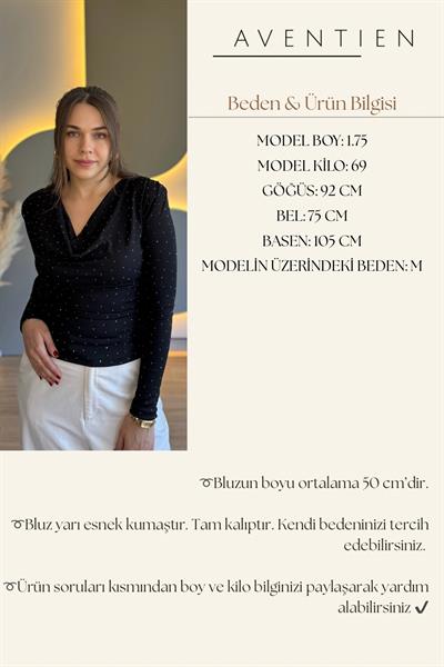  Degaje Yaka Vatkalı Taşlı Siyah Bluz