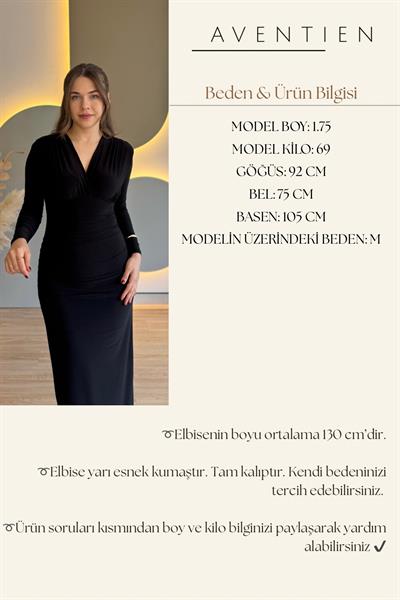  Kruvaze Yaka Drapeli Zarif Siyah Elbise