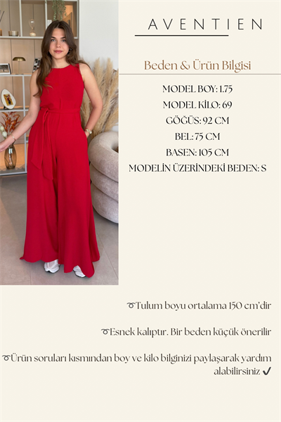 Kuşaklı Cepli Şık Kırmızı Tulum