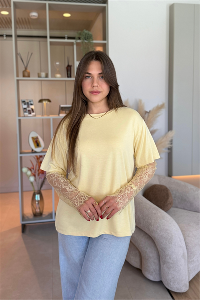 Dantel Detaylı Oversize Şık Sarı Modal Tişört