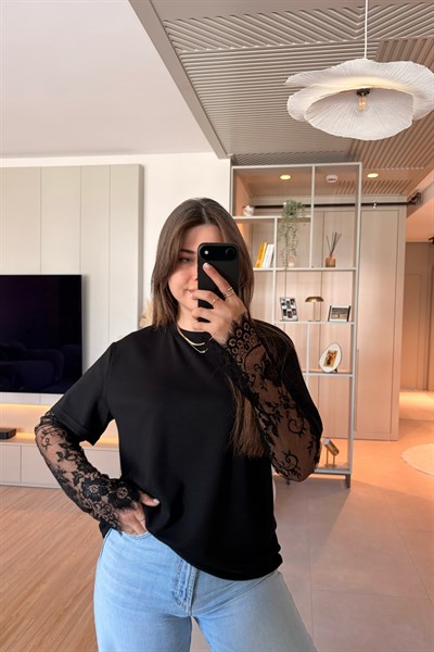 Dantel Detaylı Oversize Şık Siyah Modal Bluz