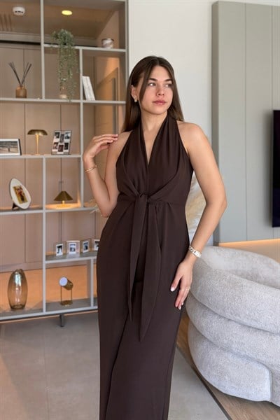 Önden Bağlamalı Kahverengi Bol Paça Tulum