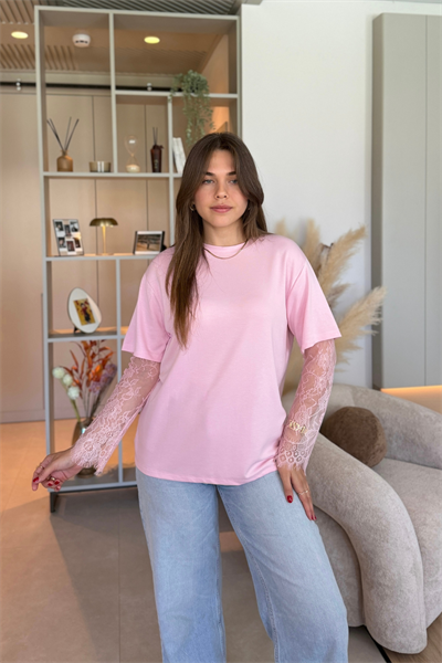 Dantel Detaylı Oversize Şık Pembe Modal Tişört