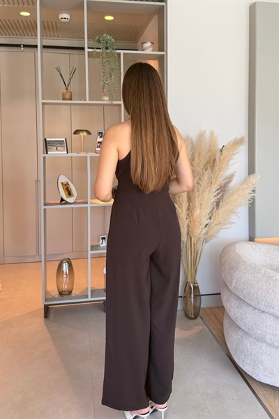 Önden Bağlamalı Kahverengi Bol Paça Tulum