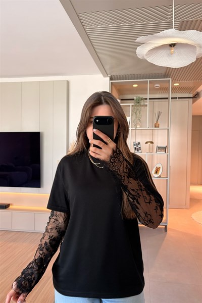 Dantel Detaylı Oversize Şık Siyah Modal Bluz