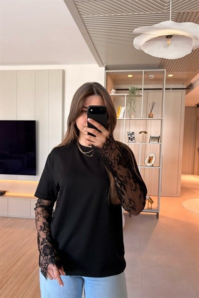 Dantel Detaylı Oversize Şık Siyah Modal Bluz