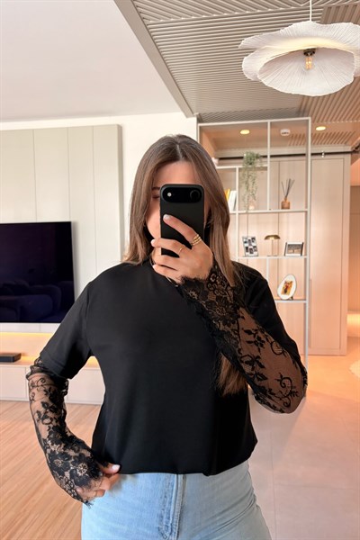 Dantel Detaylı Oversize Şık Siyah Modal Bluz