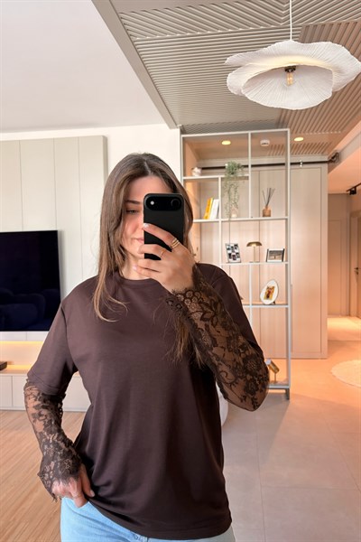 Dantel Detaylı Oversize Şık Kahverengi Modal Bluz