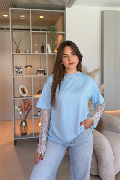 Dantel Detaylı Oversize Şık Mavi Modal Tişört