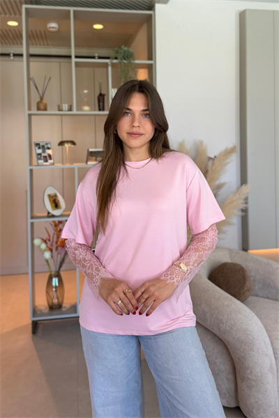 Dantel Detaylı Oversize Şık Pembe Modal Tişört