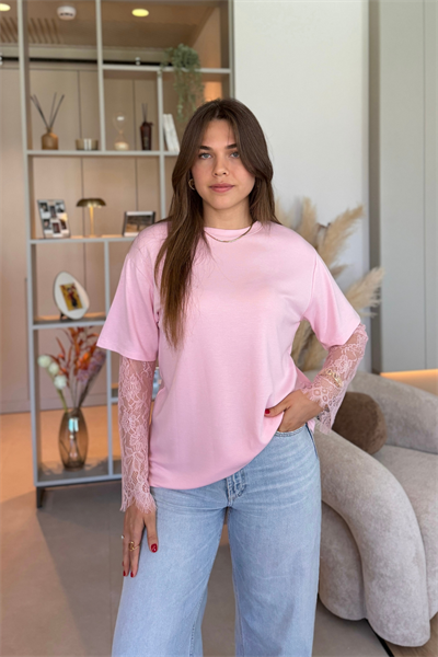 Dantel Detaylı Oversize Şık Pembe Modal Tişört