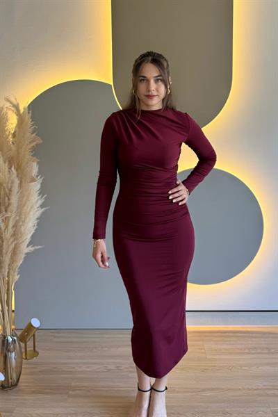 Drapeli Yırtmaçlı Uzun Kol Bordo Elbise