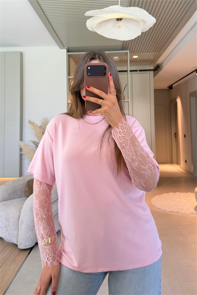 Dantel Detaylı Oversize Şık Pembe Modal Tişört