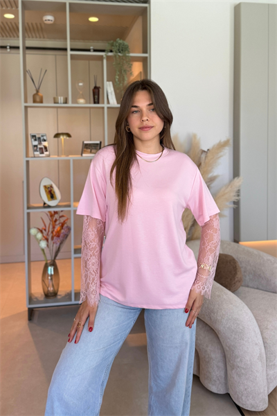 Dantel Detaylı Oversize Şık Pembe Modal Tişört