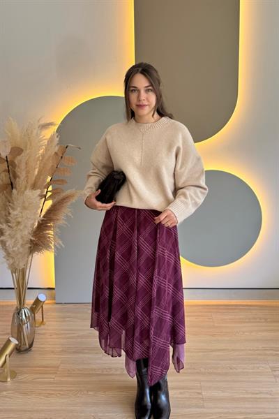 Ekose Desenli Asimetrik Bordo Şifon Etek