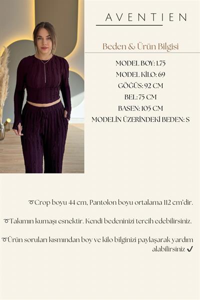 Fırfırlı Parmak Geçmeli Crop Mürdüm İkili Takım