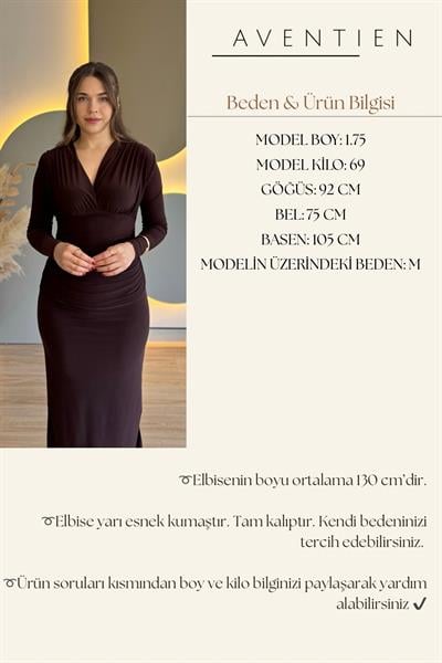 Kruvaze Yaka Drapeli Zarif Kahverengi Elbise