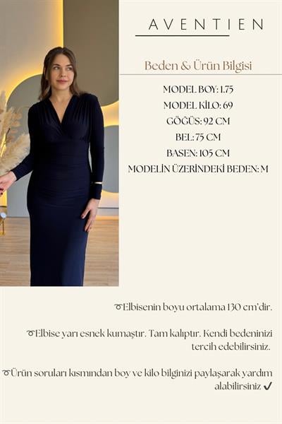 Kruvaze Yaka Drapeli Zarif Lacivert Elbise