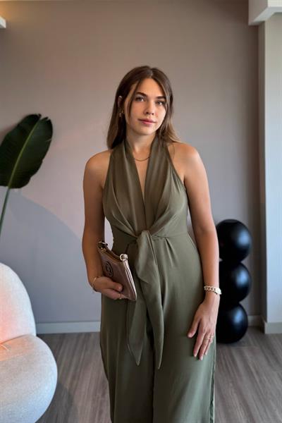 Önden Bağlamalı Haki Bol Paça Tulum