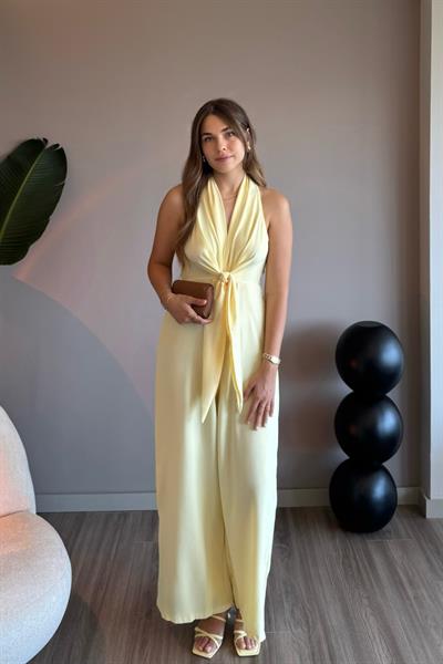 Önden Bağlamalı Sarı Bol Paça Tulum