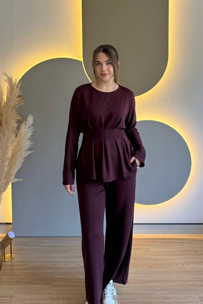 Pileli Arkadan Bağlamalı Bordo Modal Takım