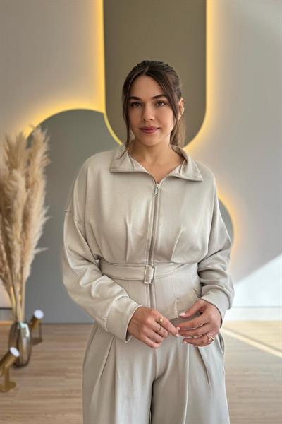 Premium Modal Kumaş Kemerli Bej İkili Takım