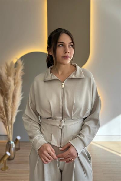 Premium Modal Kumaş Kemerli Bej İkili Takım