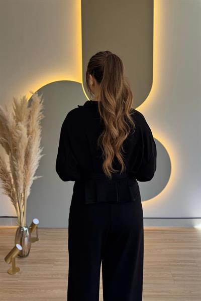 Premium Modal Kumaş Kemerli Siyah İkili Takım