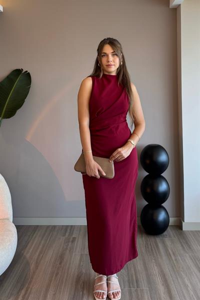 Sıfır Kol Drapeli Bordo Maxi Elbise