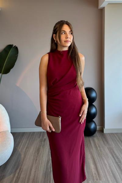 Sıfır Kol Drapeli Bordo Maxi Elbise
