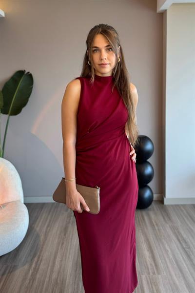 Sıfır Kol Drapeli Bordo Maxi Elbise