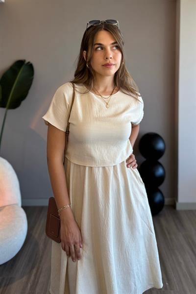 Takım Görünümlü Cepli Bej Midi Elbise